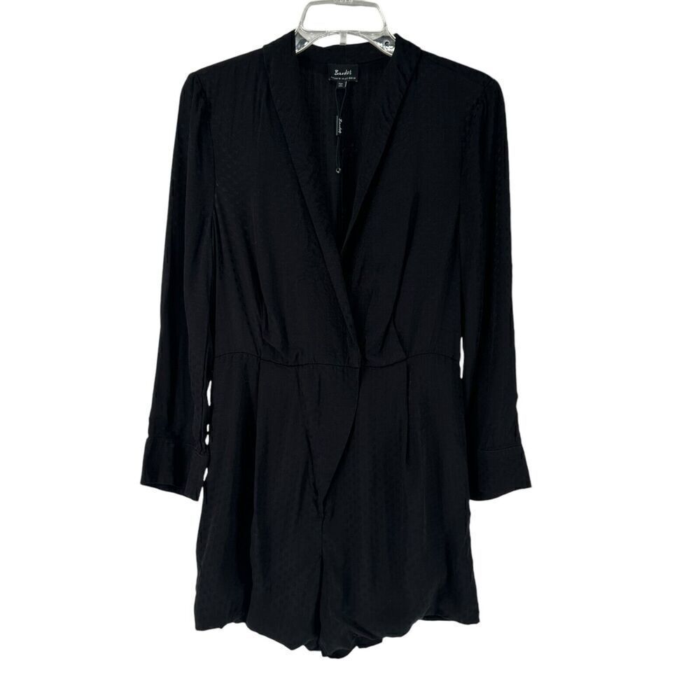Bardot Romper Black Long Sleeve Deep V Neck Size S US 6 Silky Dot Night Out Chic